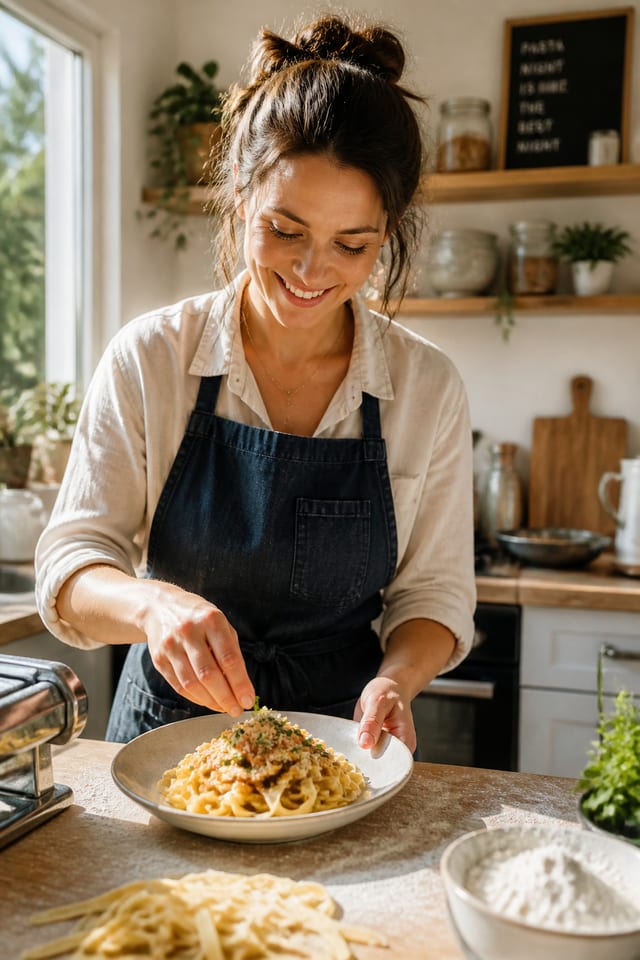 Lu cooks at home